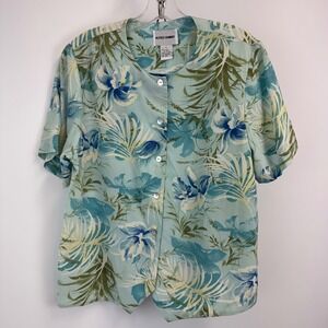 Alfred‎ Dunner Floral Silk Button Front Blouse Size 8 Aqua Blue Green Vintage